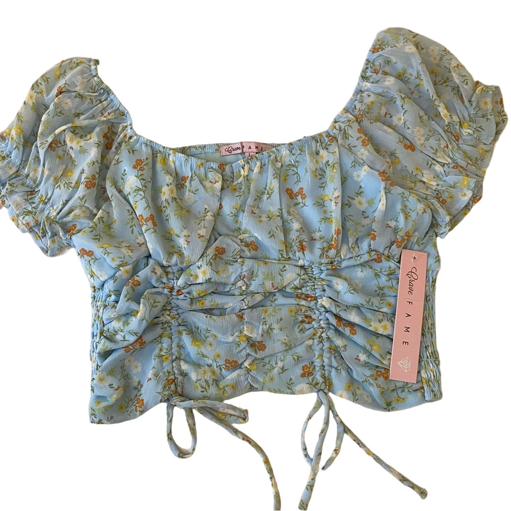 Crave Fame New Size Large Breeze Blue Ruched‎ Crop Top Cottagecore Prairie